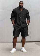 Big & Tall Men's Business Solid Color Long Sleeve Shirt Shorts Set